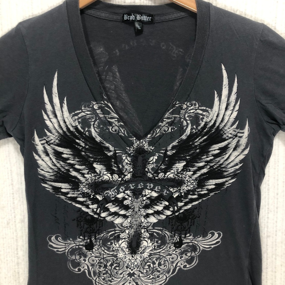 Brad Butter Mens Large Gray Angel Wings CrossY2K Grunge Affliction Style‎ MMA